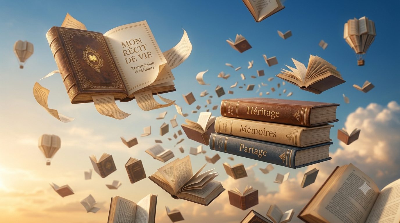 Livres envolés symbolisant la transmission des souvenirs et récits de vie